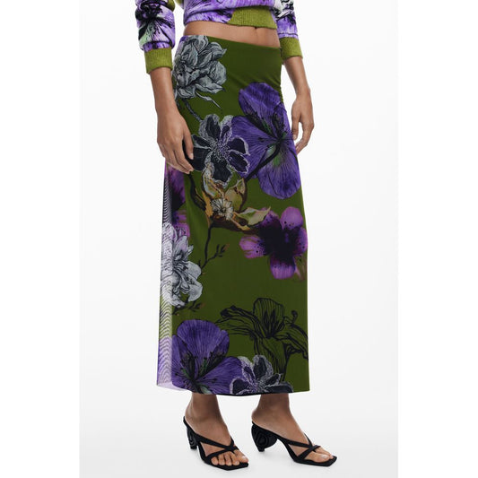 Desigual Green Polyester Women Skirt with floral tulle design and elastic waist, shown styled with floral print top and black sandals.