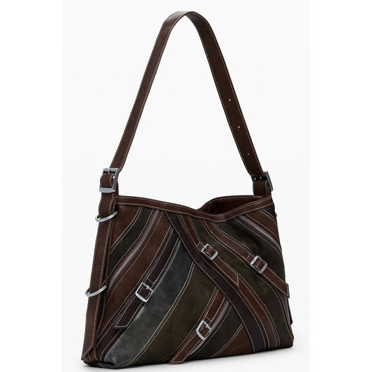 Desigual Brown Polyethylene Women Handbag with adjustable shoulder strap, featuring stylish patterned design and functional compartments.