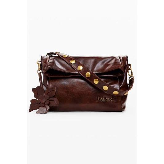 Desigual Brown Polyethylene Women Handbag with adjustable strap and flower detail.