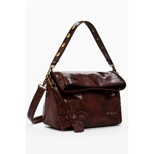 Desigual Brown Polyethylene Women Handbag with flower detail and adjustable strap, showcasing unique style and functionality.