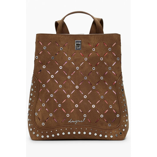 Desigual Brown Polyethylene Women Backpack with stylish contrasting details and metal studs for fashion-forward individuals.