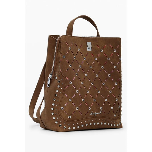 Desigual Brown Polyethylene Women Backpack with studded details and multiple compartments.