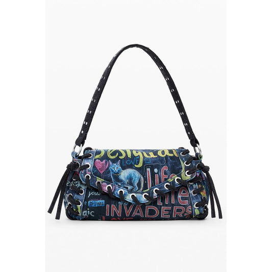 Desigual Blue Cotton Women Handbag with vivid print, single shoulder handle, and adjustable strap.