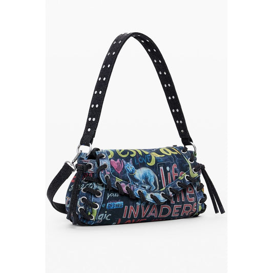 Desigual Blue Cotton Women Handbag with colorful print and adjustable strap for versatile styling.