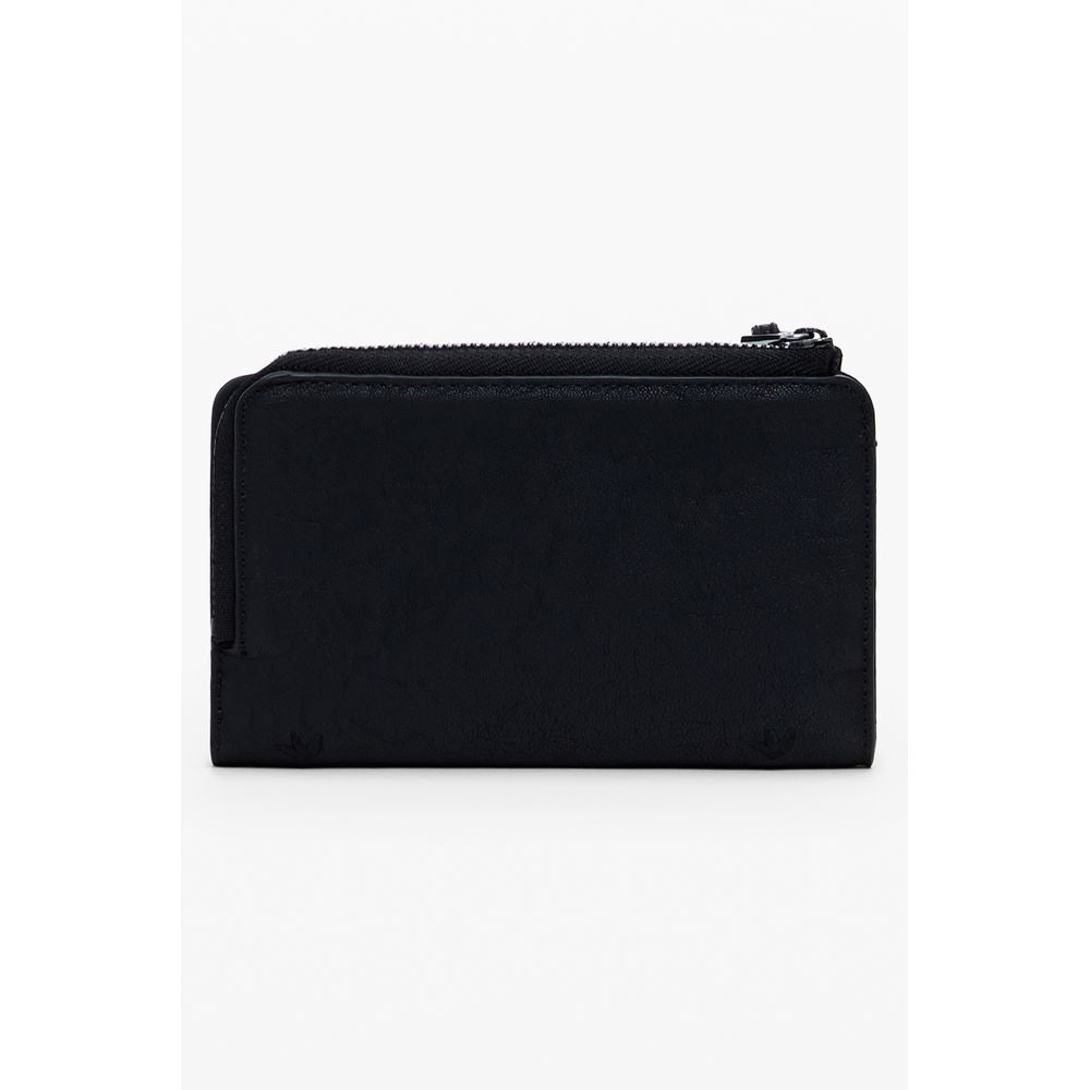 Desigual Black Polyethylene Women Wallet with zip closure and embroidered patches, featuring triple compartments and card holders.