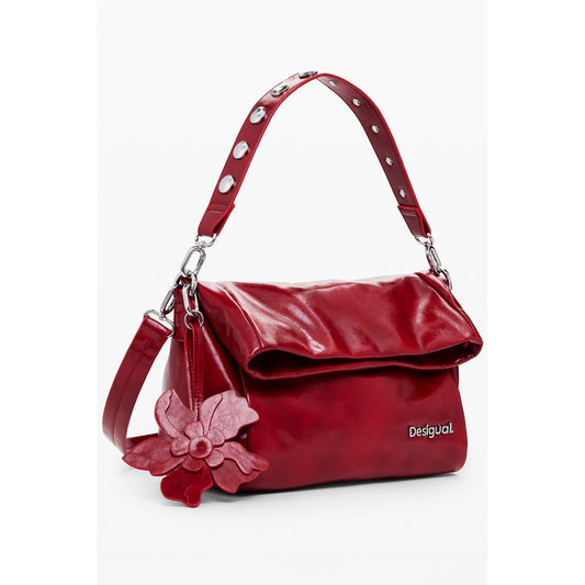 Desigual Red Polyethylene Women Handbag with flower charm, adjustable strap, and zip closure for versatile style.