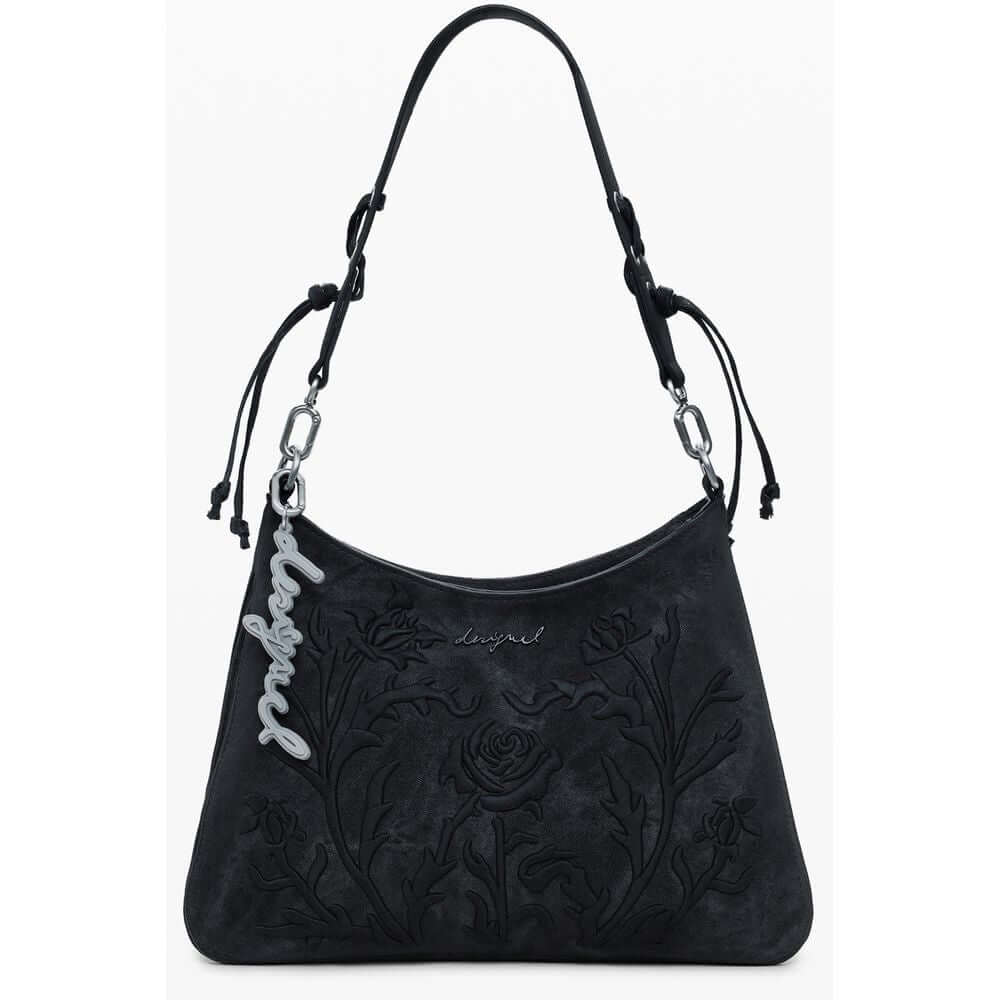 Desigual Black Polyethylene Women Handbag with floral embroidery and adjustable strap.