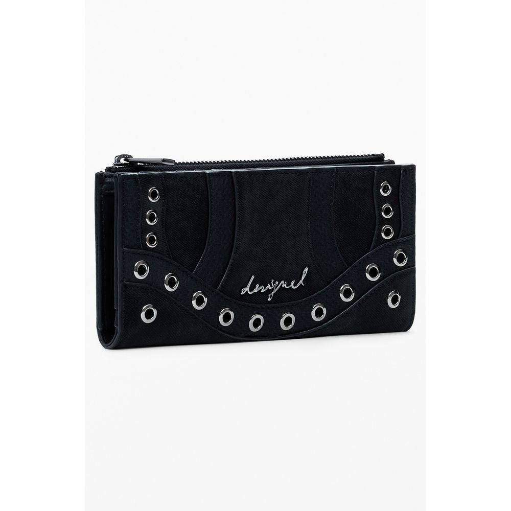 Desigual Black Polyethylene Women Wallet with zip and snap closures, featuring stylish contrasting details, perfect for organizing essentials.