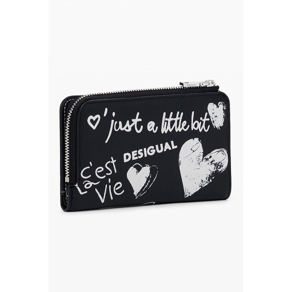 Desigual Black Polyethylene Women Wallet with artistic text and heart designs, featuring zip and snap closure for style and functionality.