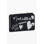 Desigual Black Polyethylene Women Wallet with artistic text and heart designs, featuring zip and snap closure for style and functionality.
