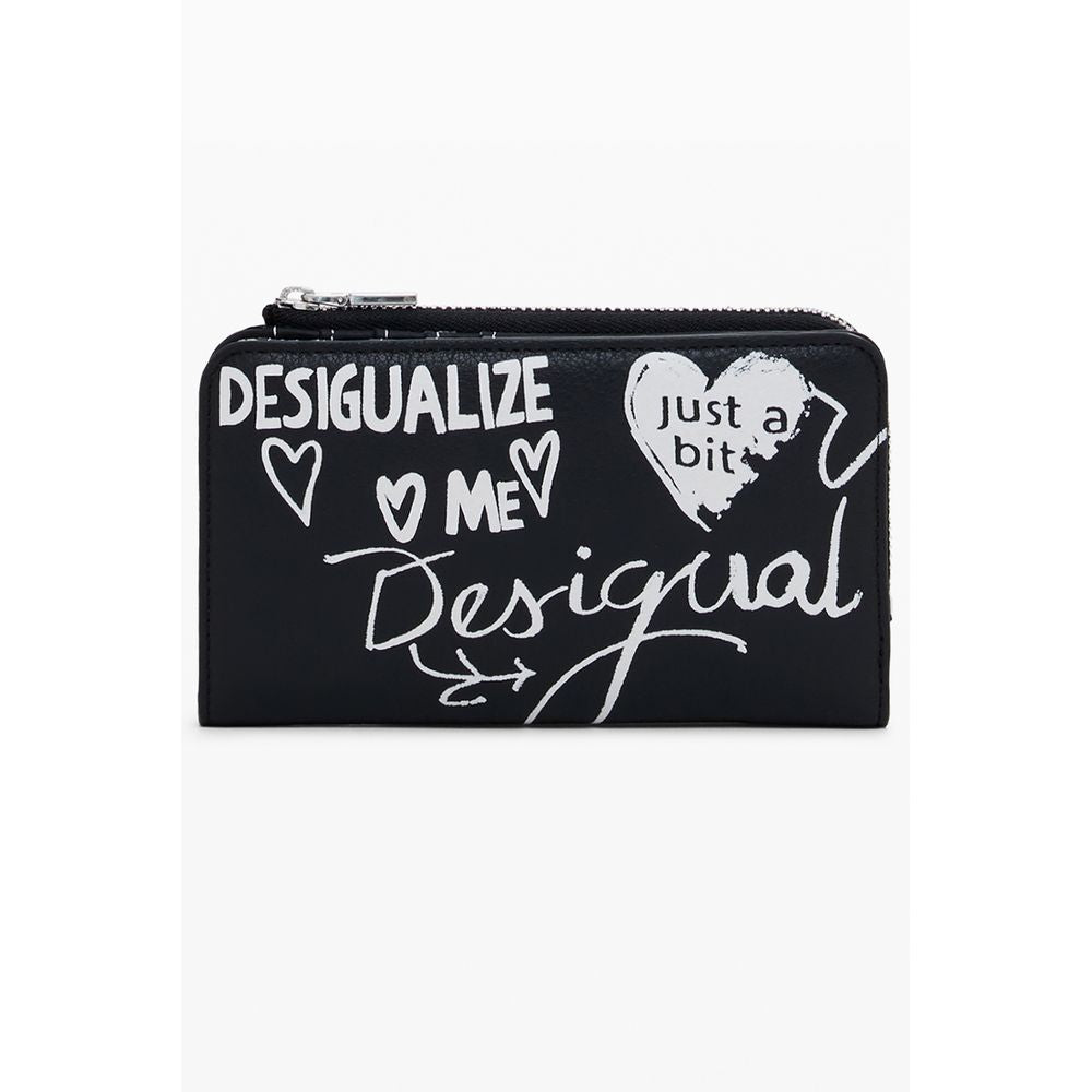 Desigual Black Polyethylene Women Wallet with graphic design, featuring zip and snap closures, ideal for fashion-forward women.