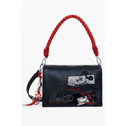 Desigual Black Polyethylene Women Handbag with Mickey print, red handle, adjustable strap, and secure closures for stylish functionality.