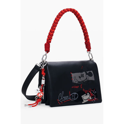 Desigual Black Polyethylene Women Handbag with embroidery, relief print, and detachable strap, featuring eye-catching Mickey details.