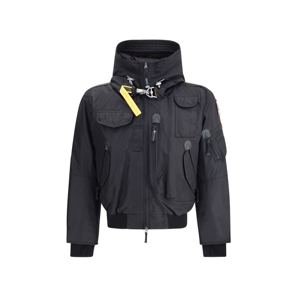 Parajumpers Gobi bomber Jacket in black with six exterior pockets, adjustable drawstring hood, and ribbed cuffs and bottom.