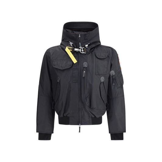 Parajumpers Gobi bomber Jacket in black with six exterior pockets, adjustable drawstring hood, and ribbed cuffs and bottom.