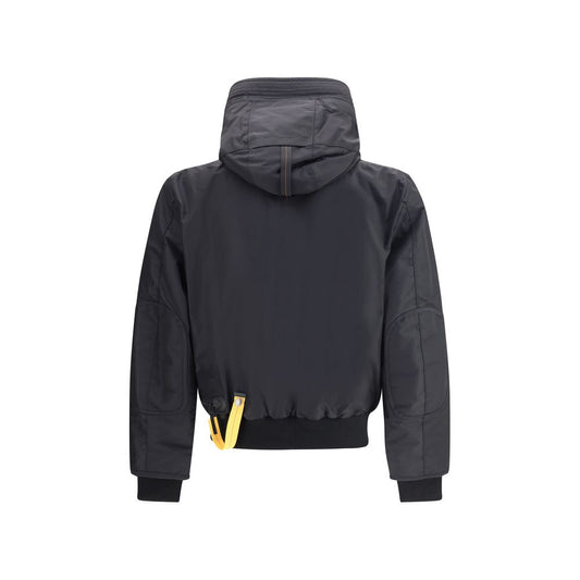 Back view of Parajumpers Gobi bomber Jacket showcasing hood and ribbed cuffs, highlighting its water-repellent, recycled nylon material.