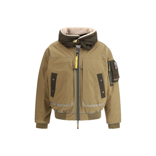 Parajumpers Gold B. bomber Jacket with zipper closure, adjustable hood, six exterior pockets, and rib knit finish, featuring Parajumpers patch.