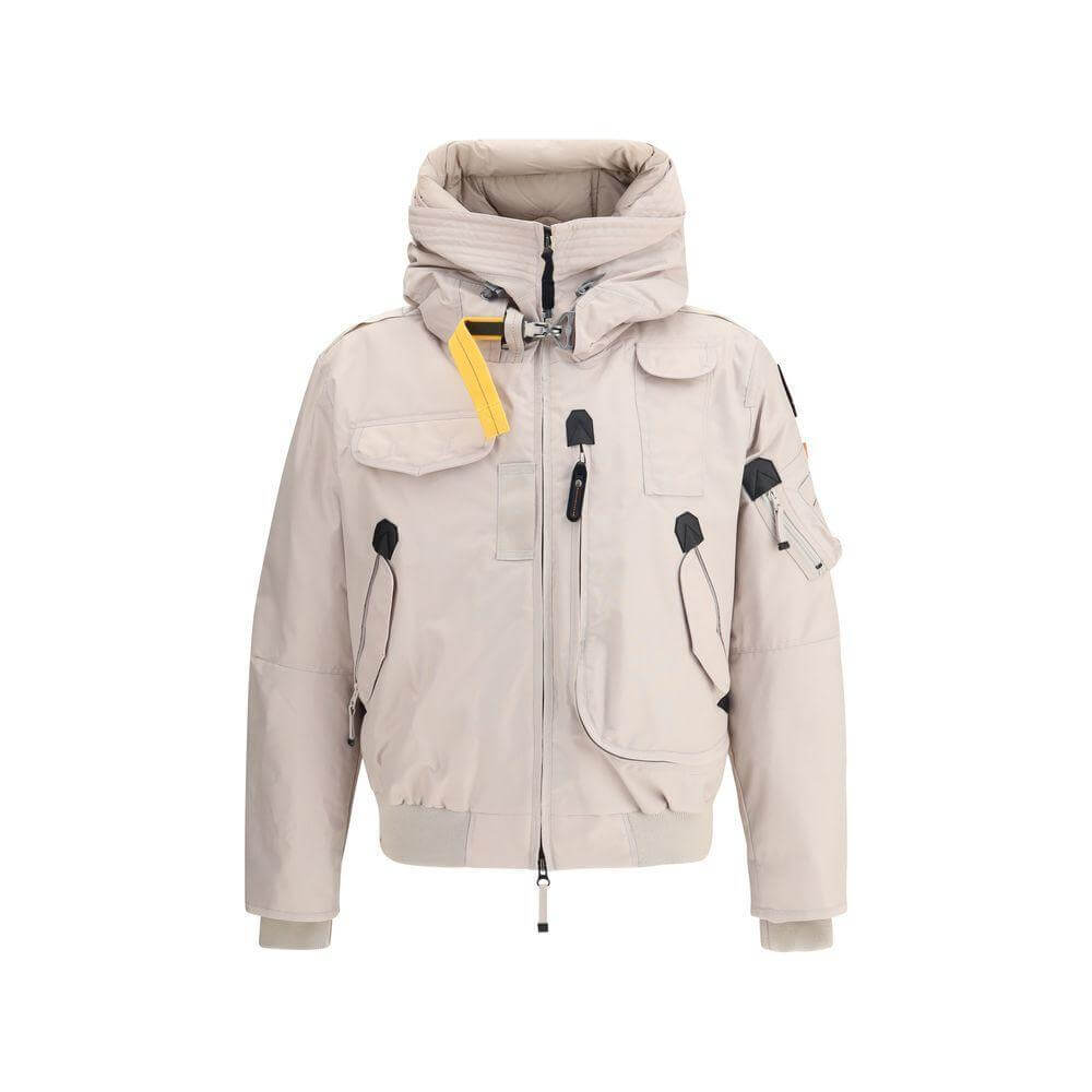 Parajumpers Gobi bomber Jacket in recycled nylon with ribbed cuffs and cargo pockets, featuring adjustable drawstring hood and front zipper.