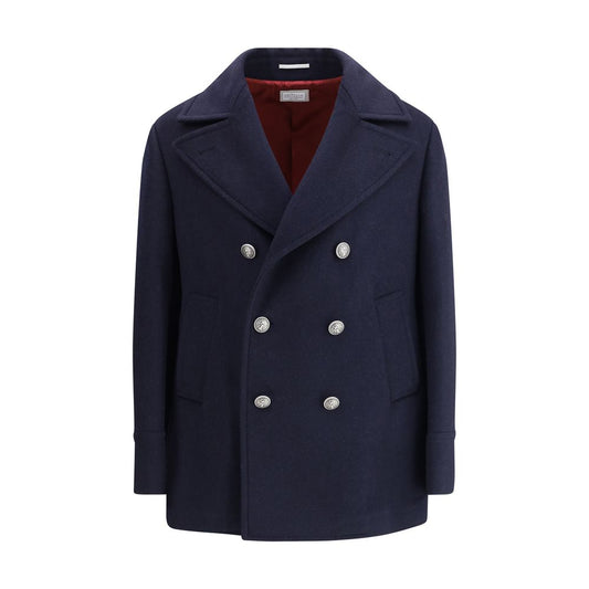 Brunello Cucinelli Blue Wool Coat with metal button closure and classic lapel collar, perfect for elegance and functionality. AW25 regular fit.