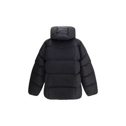 Rear view of Dsquared² Black Polyamide Coat with quilted padding and hood, ideal for winter protection.