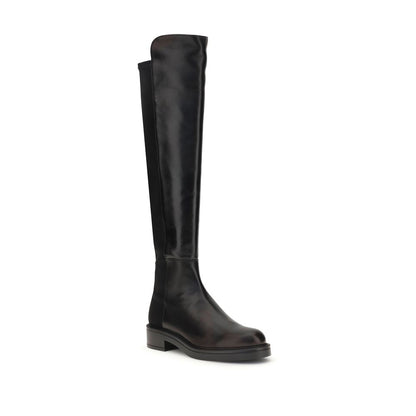 Stuart Weitzman Black Leather Over The Knee boot with block heel and elastic back for a snug fit, perfect for elegant day to evening wear.