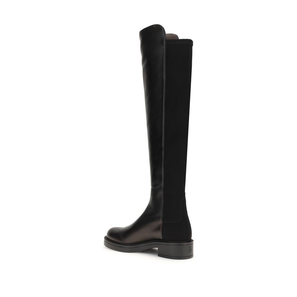 Stuart Weitzman Black Leather Over The Knee boots with block heel and elastic back for a snug, sophisticated look.