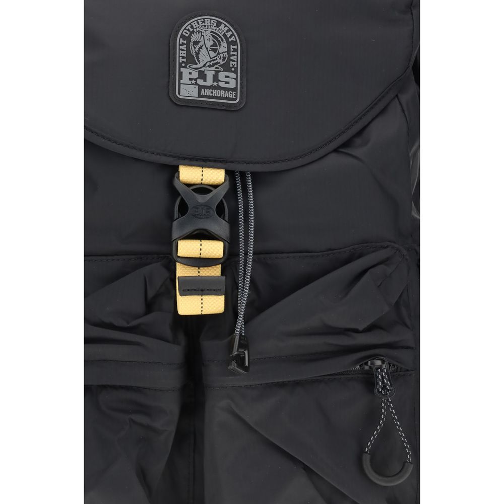 Parajumpers Black Nylon Backpack - Close-up of buckle and exterior pockets, showcasing durable nylon ripstop material.