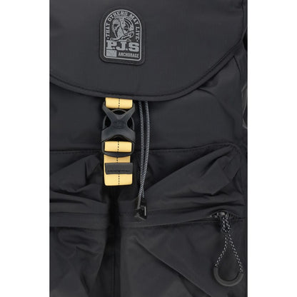 Parajumpers Black Nylon Backpack - Close-up of buckle and exterior pockets, showcasing durable nylon ripstop material.