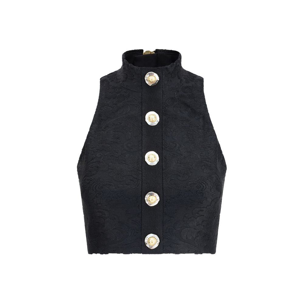 Balmain Black Viscose Top with baroque pattern, gold buttons, American neckline, and zipper back.