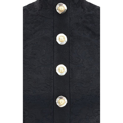 Balmain Black Viscose Top with baroque pattern and gold buttons.