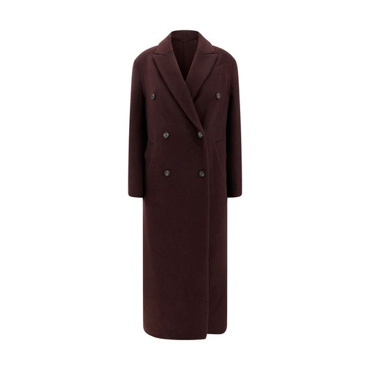 Brunello Cucinelli Bordeaux Cashmere Coat, elegant double-breasted design with peaked lapel for a sophisticated autumn-winter look.