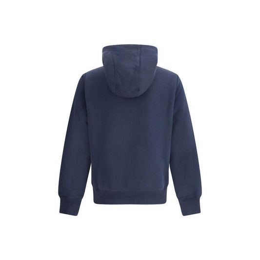 Back view of Parajumpers Everest Hoodie with hood in navy cotton-polyester fleece showing diagonal design.
