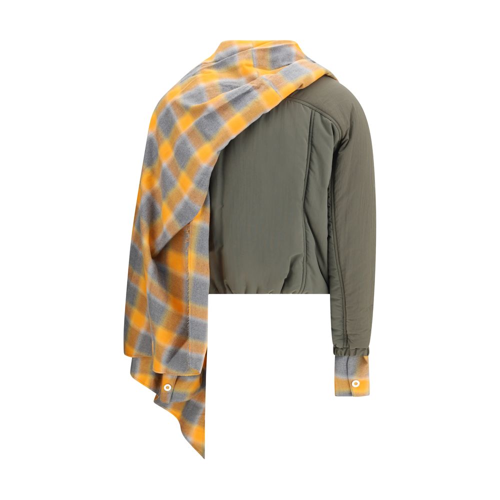 MARBELL Green Cotton Coat with plaid scarf, quilted down, long sleeves, AW25 season. Front zip closure, made from 100% cotton inner.