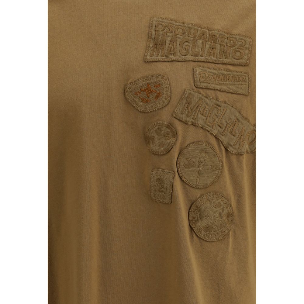 Dsquared² Brown Cotton Sportswear T-Shirt with embroidered patches and ribbed crew neck, showcasing bold and stylish designs.
