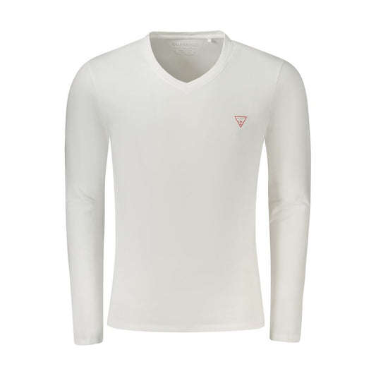 Guess Jeans White Cotton T-Shirt long sleeve, super slim fit, V-neck with logo applique, made from organic cotton.