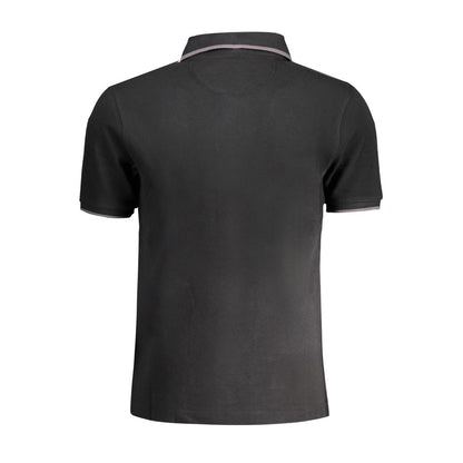 La Martina Black Cotton Polo Shirt, short sleeves, regular fit, 2 buttons, embroidery, and logo on a black backdrop.