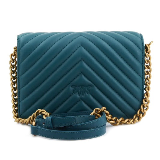 PINKO Blue Calfskin Women Crossbody Bag with bird detail, quilted design, and gold chain strap for elegant styling and secure carry.