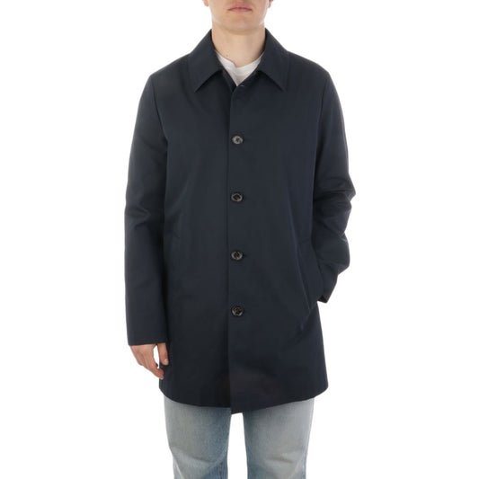 Aquascutum Blue Cotton Jacket for men with button closure, shirt collar, and slanted front pockets in a relaxed fit.