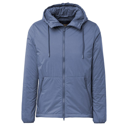 Herno Blue Polyamide Jacket featuring hood, two front zips, elasticated cuffs, drawstring waist, and internal zipper pockets.