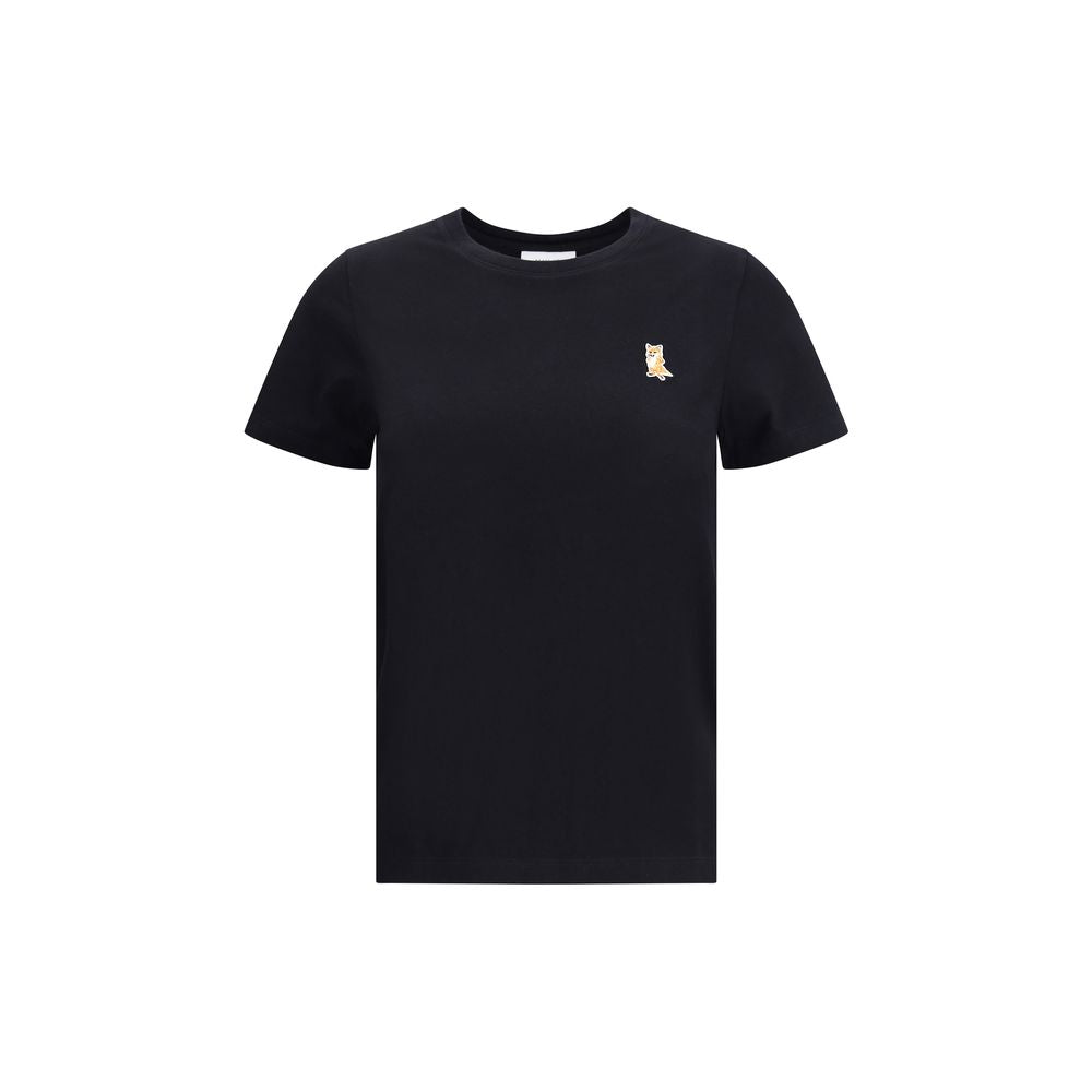Maison Kitsuné Black Cotton T-Shirt with embroidered fox patch on front, ribbed crew neck for casual look, AW25 season, 100% cotton.