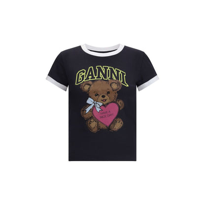 Ganni Black Cotton T-Shirt with teddy bear print and 'Have a nice day! Please recycle' message, round neckline, and short sleeves.