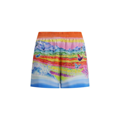 Casablanca Multicolor Silk Bermuda Shorts with butterfly print, 100% silk, landscape pattern, AW25, stylish summer wear.