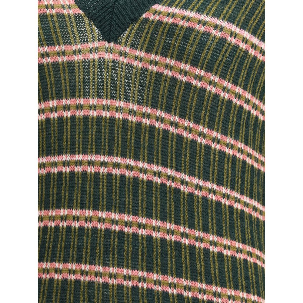 Close-up of Etro Green Wool Sweatshirt with multicolored jacquard and striped design, showing V-neckline and ribbed trim.