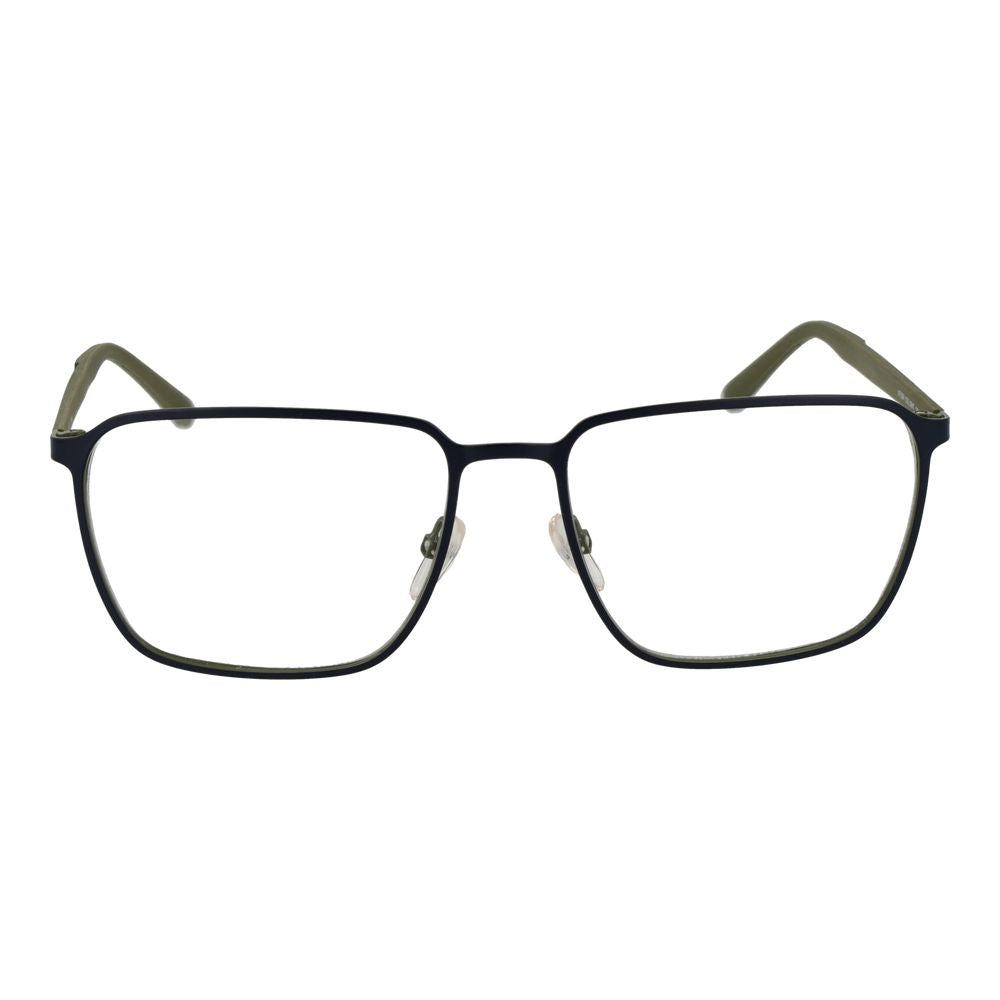 Square Fila Blue Men Glasses Frame with full-rim rubber material and 56mm demo lenses, no spring hinge, includes branded case.