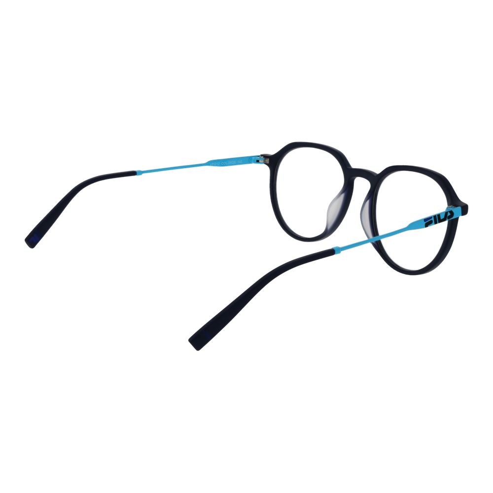 Fila Blue Unisex Glasses Frame, full-rim stainless steel in blue, size 51-18-140, shown with branded case and demo lenses.