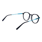 Fila Blue Unisex Glasses Frame, full-rim stainless steel in blue, size 51-18-140, shown with branded case and demo lenses.