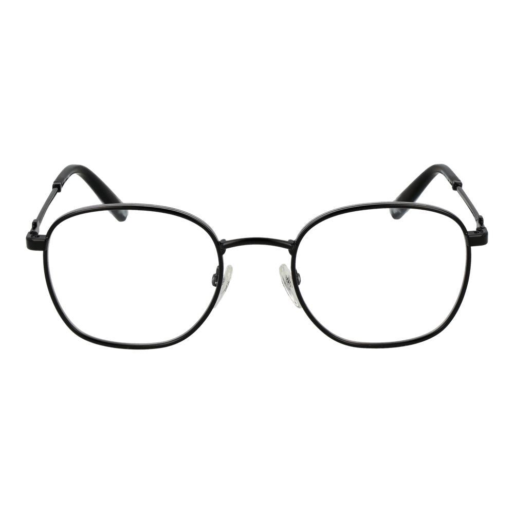 Fila Black Unisex Glasses Frame, stainless steel full-rim round style, demo lenses, size 51-21-140, black color.