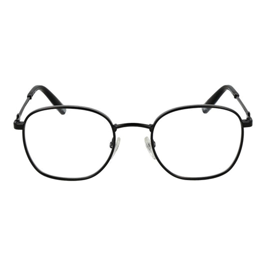 Fila Black Unisex Glasses Frame, stainless steel full-rim round style, demo lenses, size 51-21-140, black color.