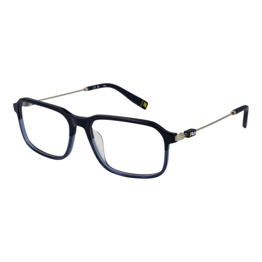 Fila Blue Men Glasses Frame, full-rim metal rectangle style with demo lenses, 55mm width, shipped with branded case.