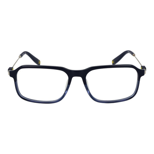 Fila Blue Men Glasses Frame, full-rim rectangle style in blue metal for men, size 55-16-145, with demo plastic lenses.